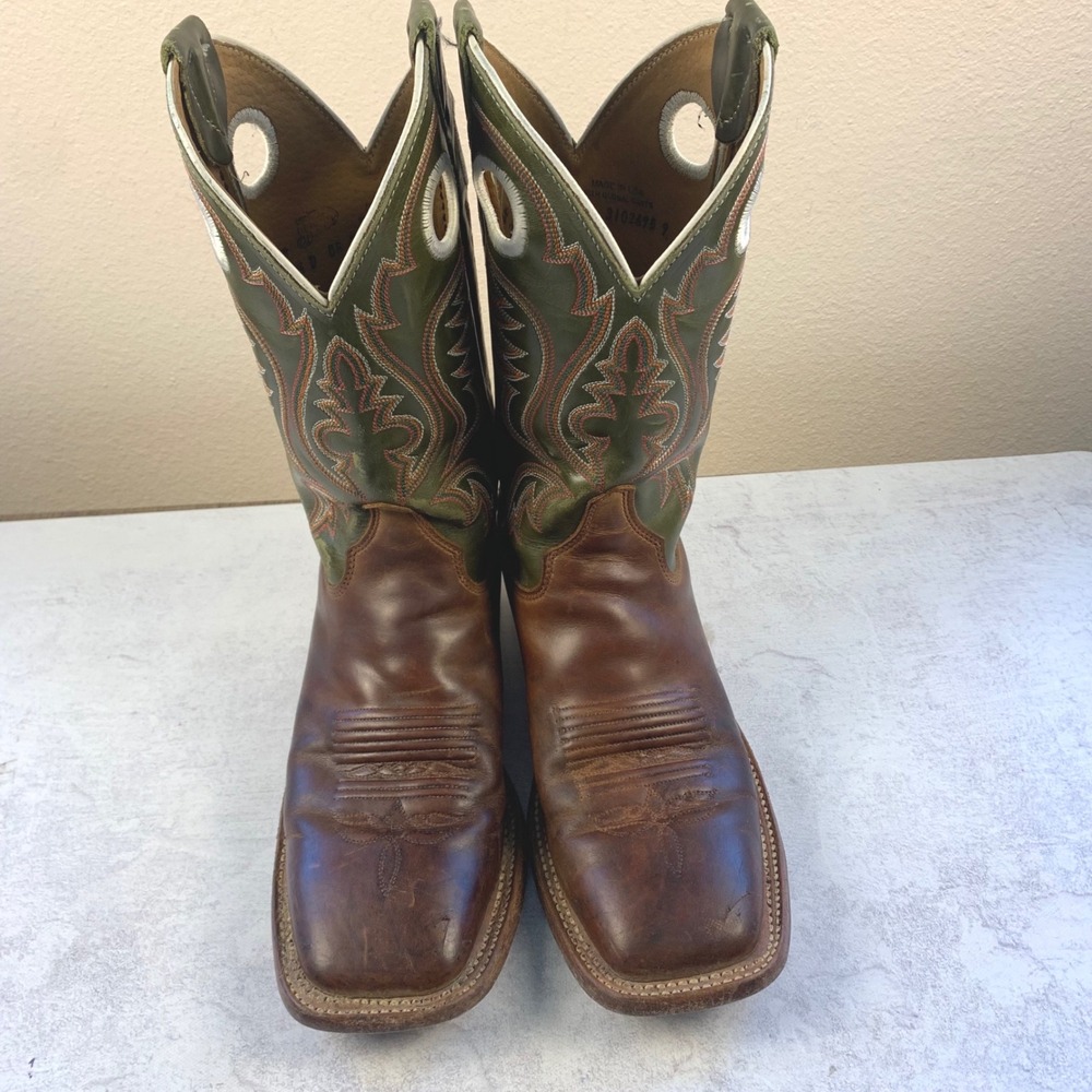 Justin 6.5D Bent Rail BR307 Cowboy Boots Brown Green 11" Square Toe USA Made - Picture 2 of 16